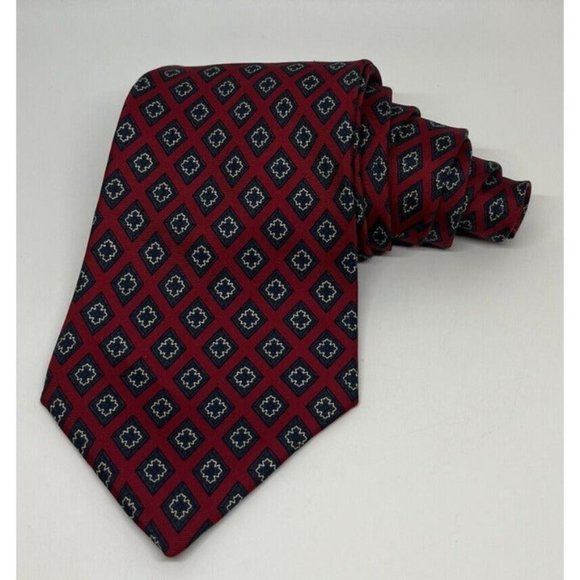 Savile Row Mens Neckwear Geometric Tie Red And Navy Diamond Pattern 100% Silk. - Picture 1 of 10